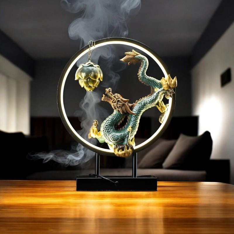 Dragon LED Lamp with Lotus Incense Burner – Mystical Home Decor | Zen Backflow Sculpture | Mood Light for Meditation or Living Room