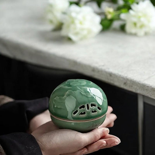 Hand-Carved Green Ceramic Incense Burner  Fragrant Smoked Balls for Relaxation | Zen Decor  Elegant Chinese Ornament for Home & Office