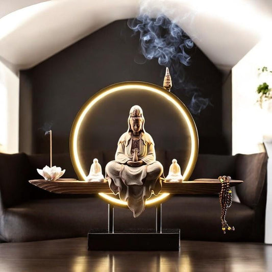 LED Meditation Lamp with Ceramic yoga master  Zen Ambient Light & Incense Burner | Spiritual Home Decor | Gift for Mindfulness Lovers