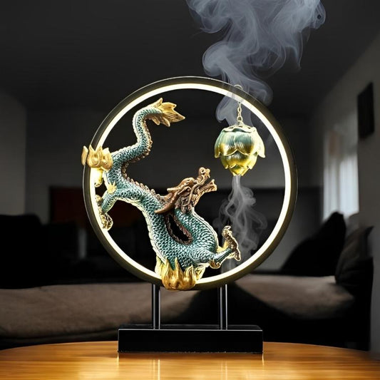 Dragon LED Lamp with Lotus Incense Burner – Mystical Home Decor | Zen Backflow Sculpture | Mood Light for Meditation or Living Room