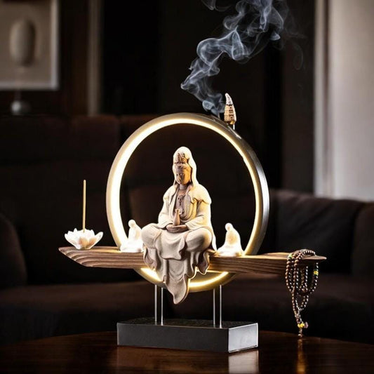 LED Meditation Lamp with Ceramic yoga master  Zen Ambient Light & Incense Burner | Spiritual Home Decor | Gift for Mindfulness Lovers