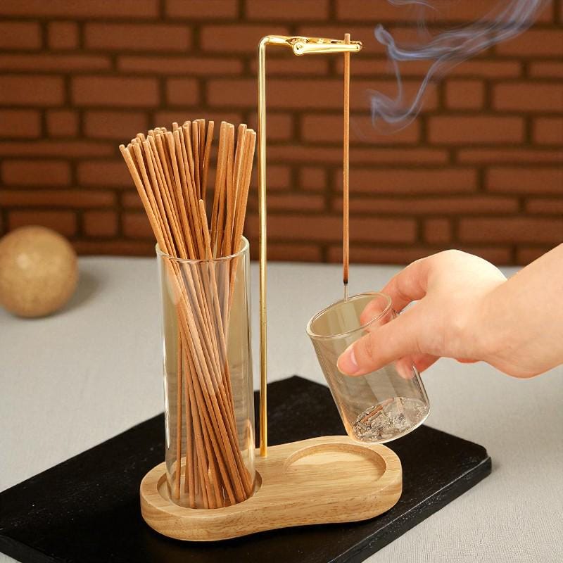 Modern Wood Incense Holder with Glass Ash Catcher  Minimalist Stick Burner for Meditation, Yoga, Spa & Zen Room Decor