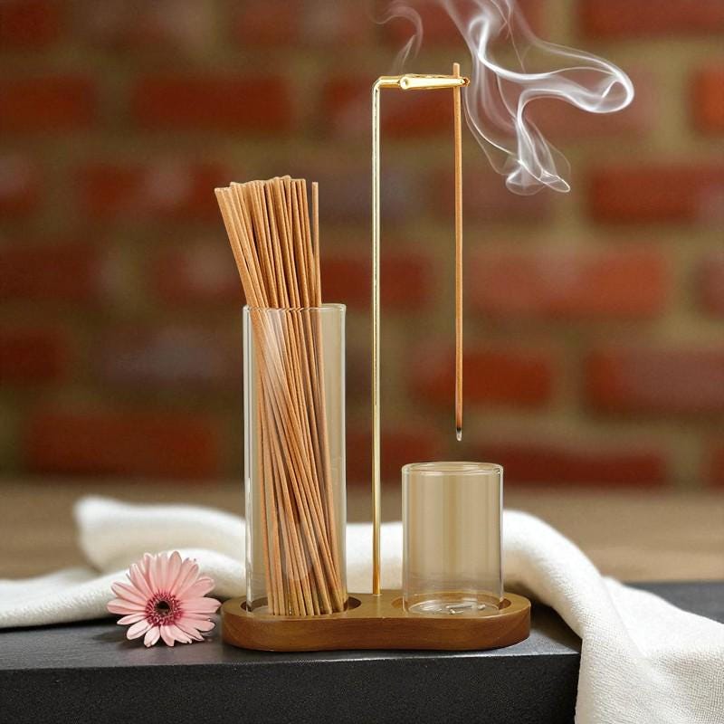 Modern Wood Incense Holder with Glass Ash Catcher  Minimalist Stick Burner for Meditation, Yoga, Spa & Zen Room Decor