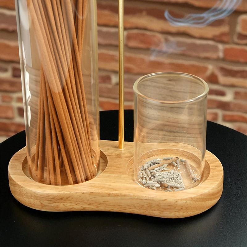 Modern Wood Incense Holder with Glass Ash Catcher  Minimalist Stick Burner for Meditation, Yoga, Spa & Zen Room Decor